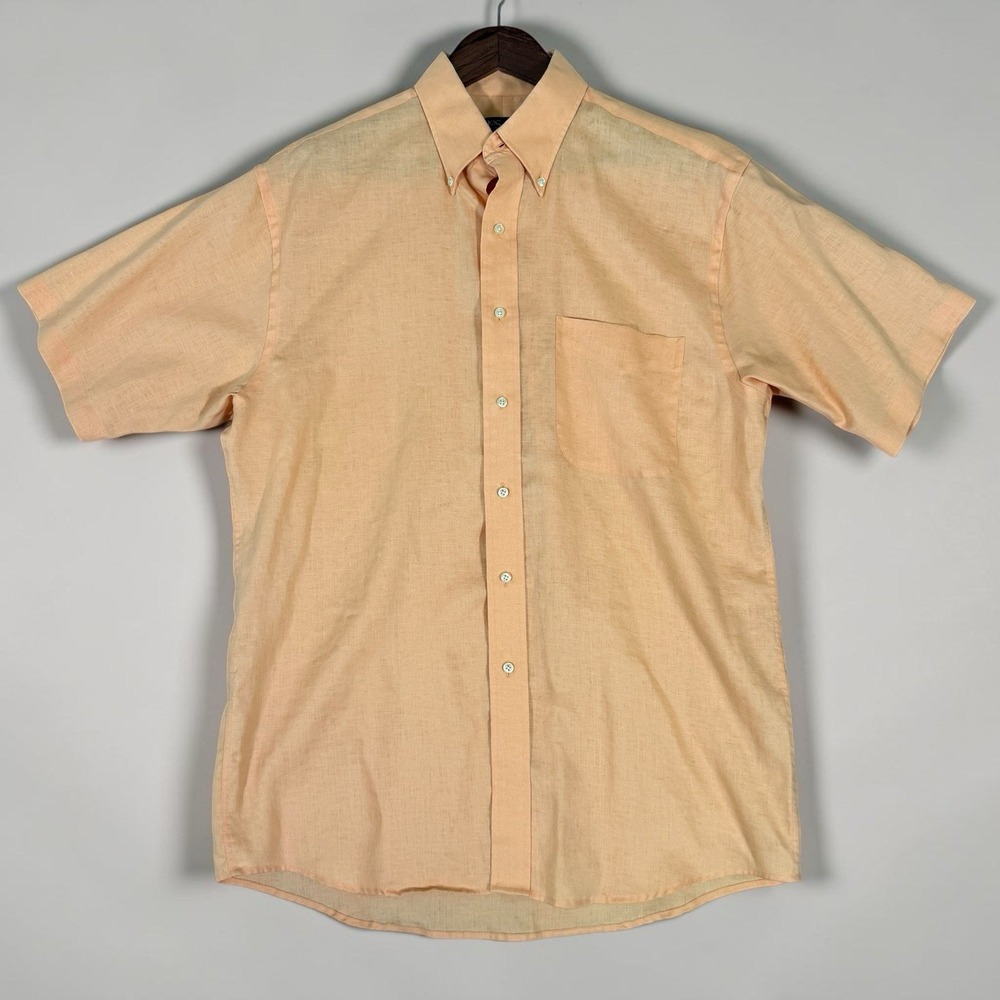 Jos A Bank Mens Shirt M 100% Linen Peach Orange Short Sleeve Button Collared